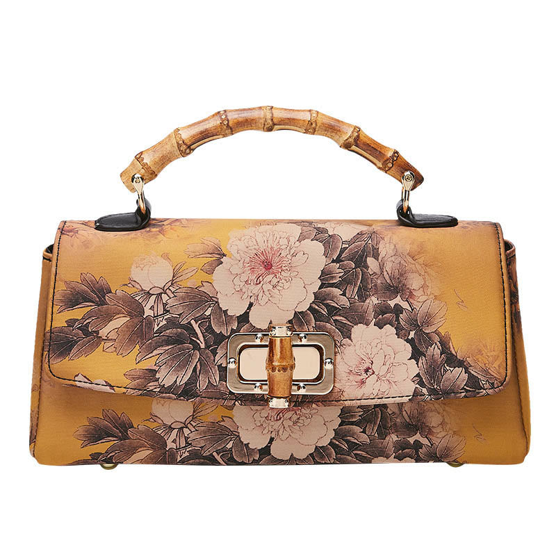 Buddha Stones Kwiat Wzór Bambus Uchwyt Metalowy Łańcuch Torba Crossbody Torebki