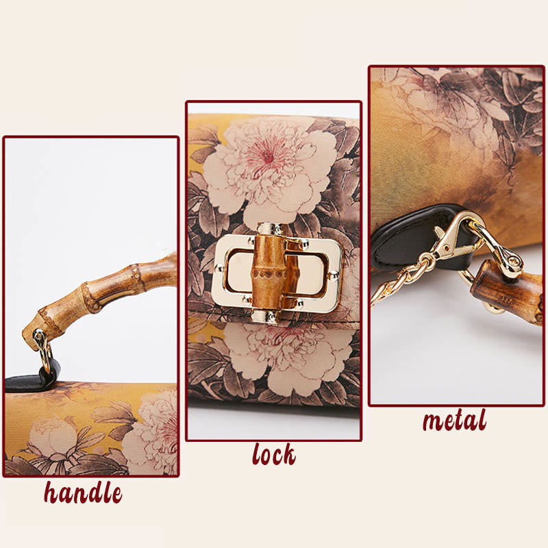 Buddha Stones Kwiat Wzór Bambus Uchwyt Metalowy Łańcuch Torba Crossbody Torebki
