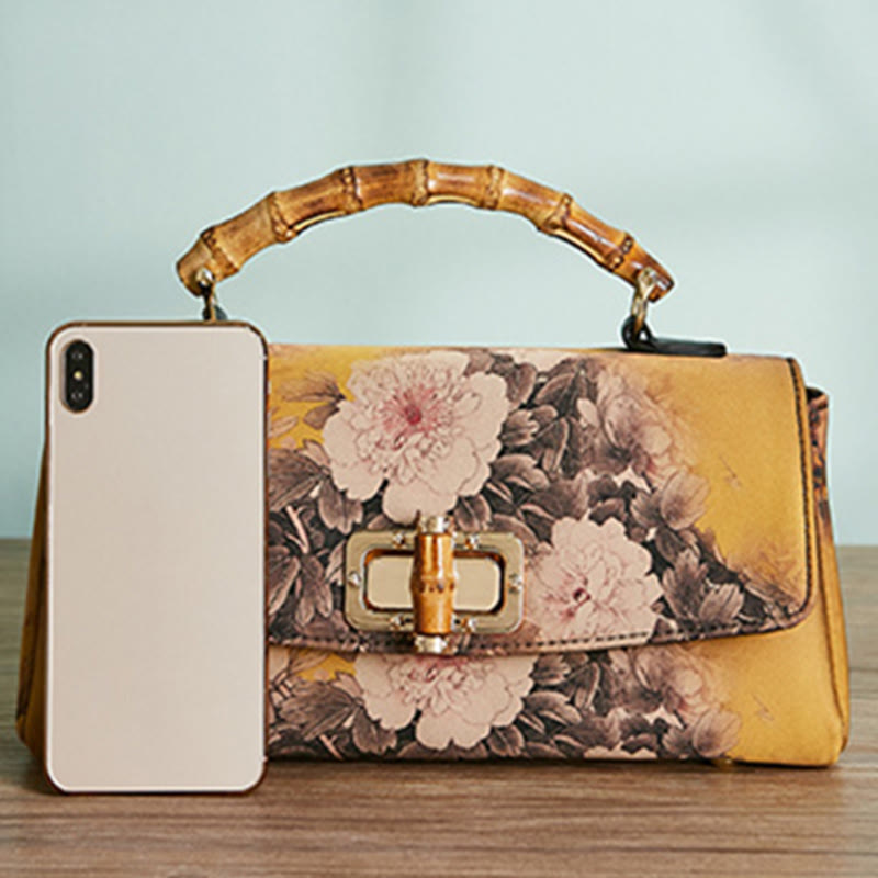 Buddha Stones Kwiat Wzór Bambus Uchwyt Metalowy Łańcuch Torba Crossbody Torebki
