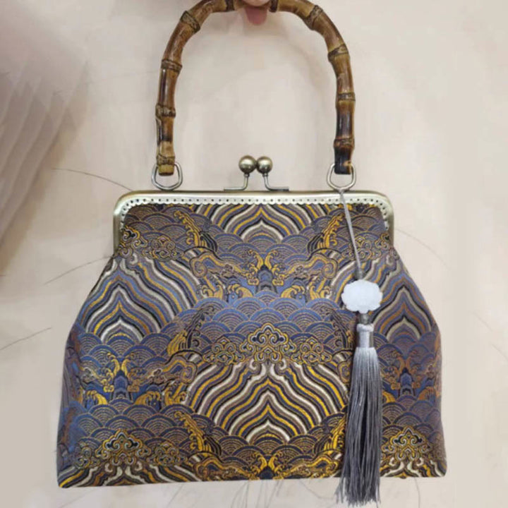 Buddha Stones Srebrne Linie Bambusowe Uchwyty Metalowy Łańcuch Torba Crossbody Torebki