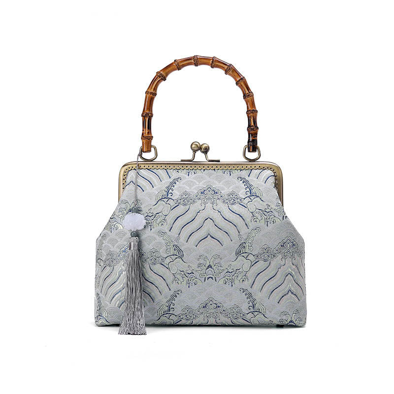 Buddha Stones Srebrne Linie Bambusowe Uchwyty Metalowy Łańcuch Torba Crossbody Torebki