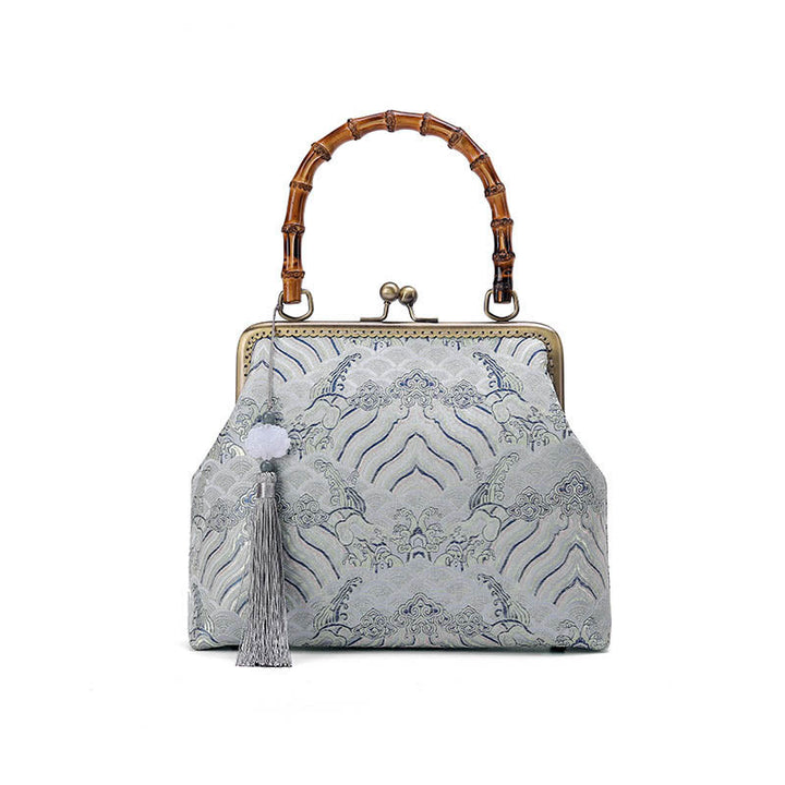 Buddha Stones Srebrne Linie Bambusowe Uchwyty Metalowy Łańcuch Torba Crossbody Torebki