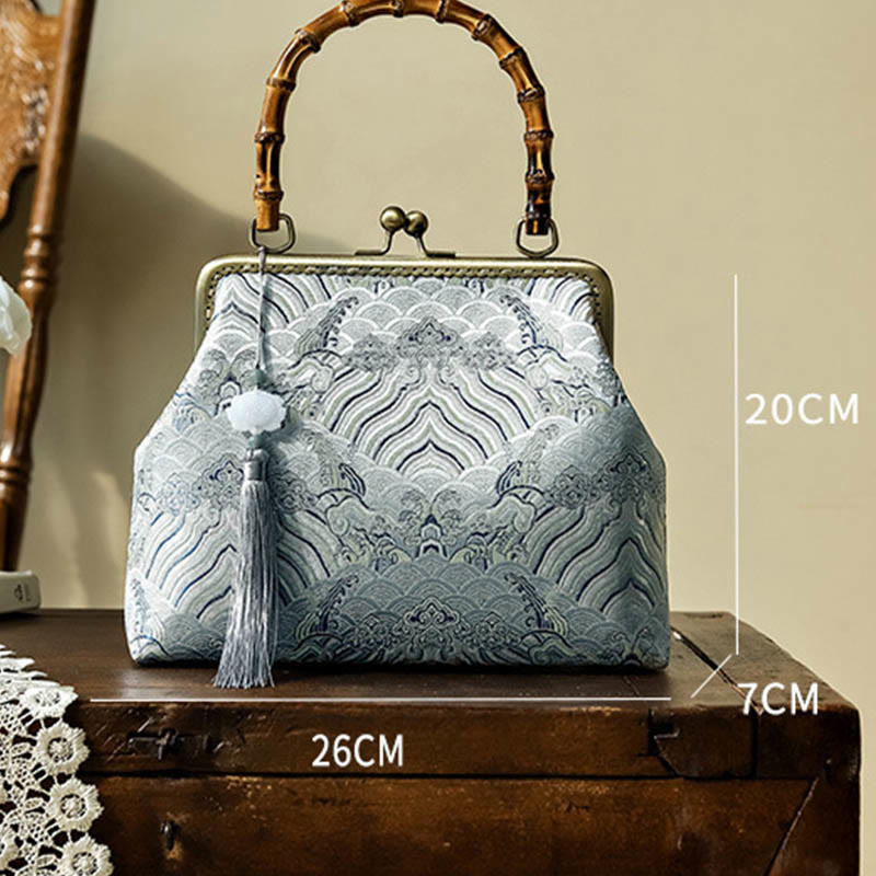 Buddha Stones Srebrne Linie Bambusowe Uchwyty Metalowy Łańcuch Torba Crossbody Torebki