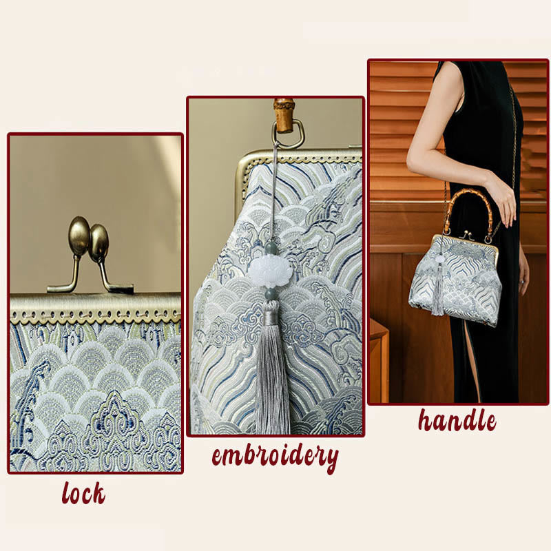 Buddha Stones Srebrne Linie Bambusowe Uchwyty Metalowy Łańcuch Torba Crossbody Torebki