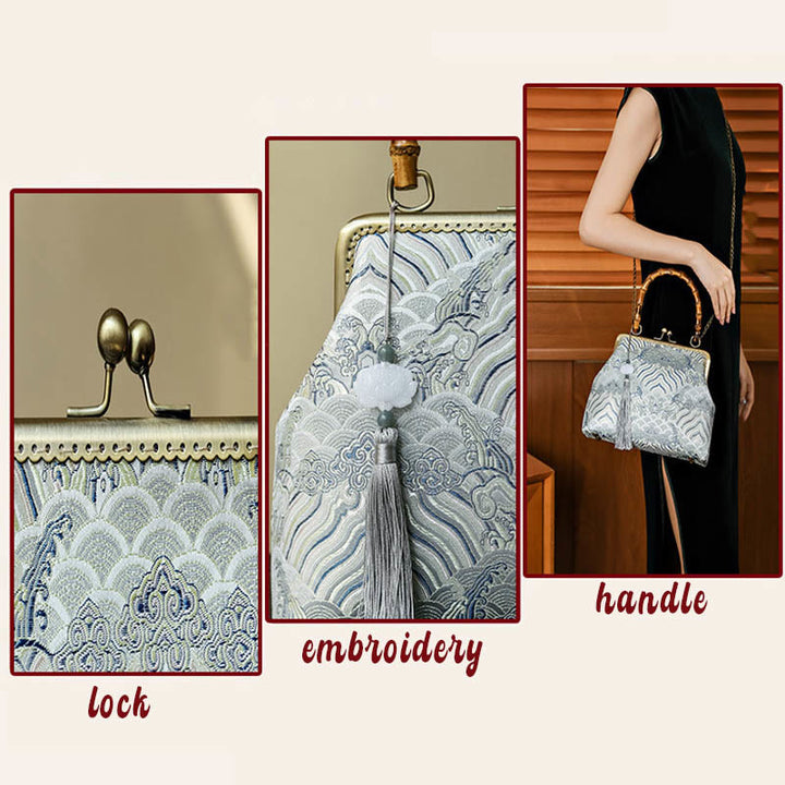 Buddha Stones Srebrne Linie Bambusowe Uchwyty Metalowy Łańcuch Torba Crossbody Torebki
