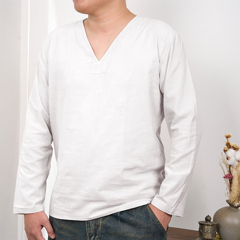 Buddha Stones Jednolity Kolor Dekolt w Serek Długi Rękaw Bawełna Len Męska Koszulka T-shirt - Biały - US/UK/AU46， EU56 (3XL) - image 1
