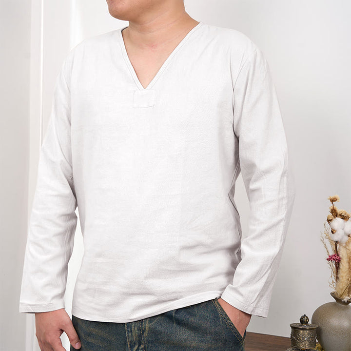 Buddha Stones Jednolity Kolor Dekolt w Serek Długi Rękaw Bawełna Len Męska Koszulka T-shirt - Biały - US/UK/AU46， EU56 (3XL) - image 1