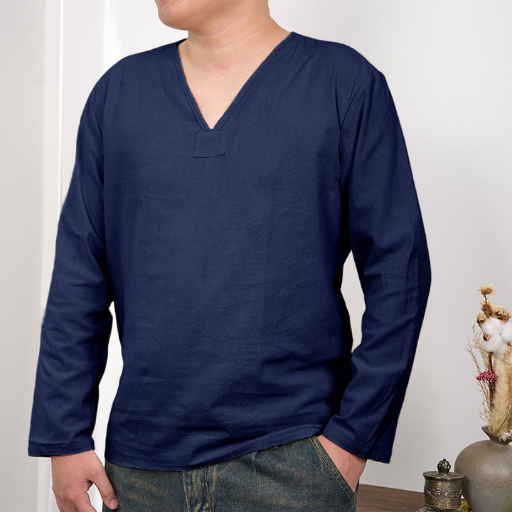 Buddha Stones Jednolity Kolor Dekolt w Serek Długi Rękaw Bawełna Len Męska Koszulka T-shirt