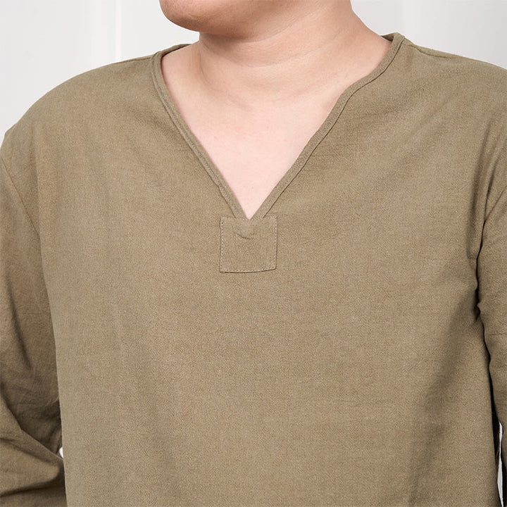 Buddha Stones Jednolity Kolor Dekolt w Serek Długi Rękaw Bawełna Len Męska Koszulka T-shirt - image 4