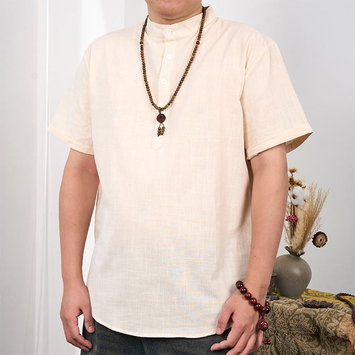 Koszula męska z krótkim rękawem i półguzikiem z bawełny i lnu Buddha Stones w jednolitym kolorze - Mokasyn - US/UK/AU44， EU54 (3XL) - image 0