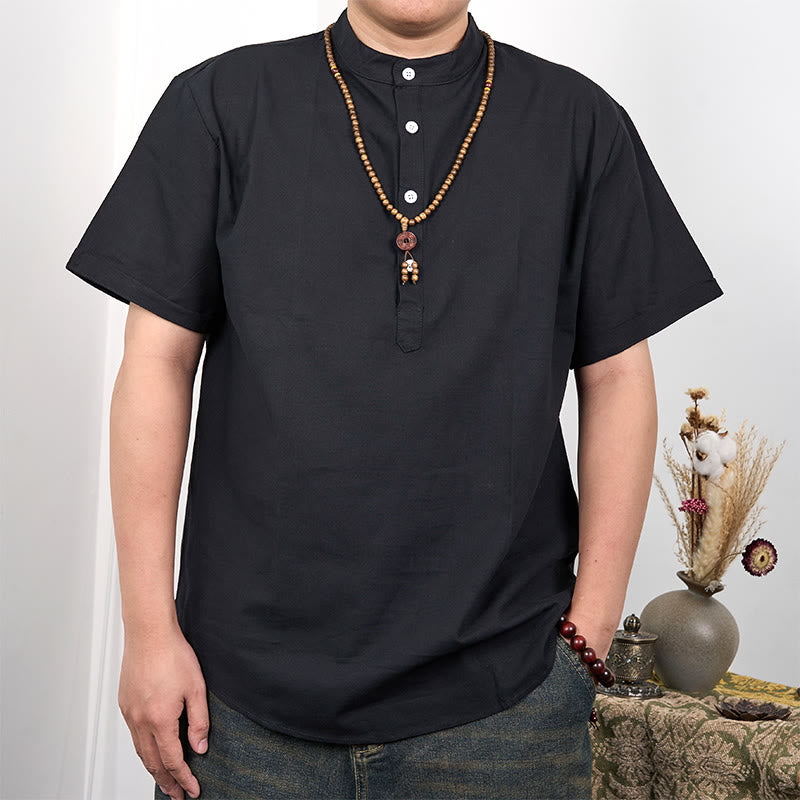 Koszula męska z krótkim rękawem i półguzikiem z bawełny i lnu Buddha Stones w jednolitym kolorze - Czarny - US/UK/AU44， EU54 (3XL) - image 3