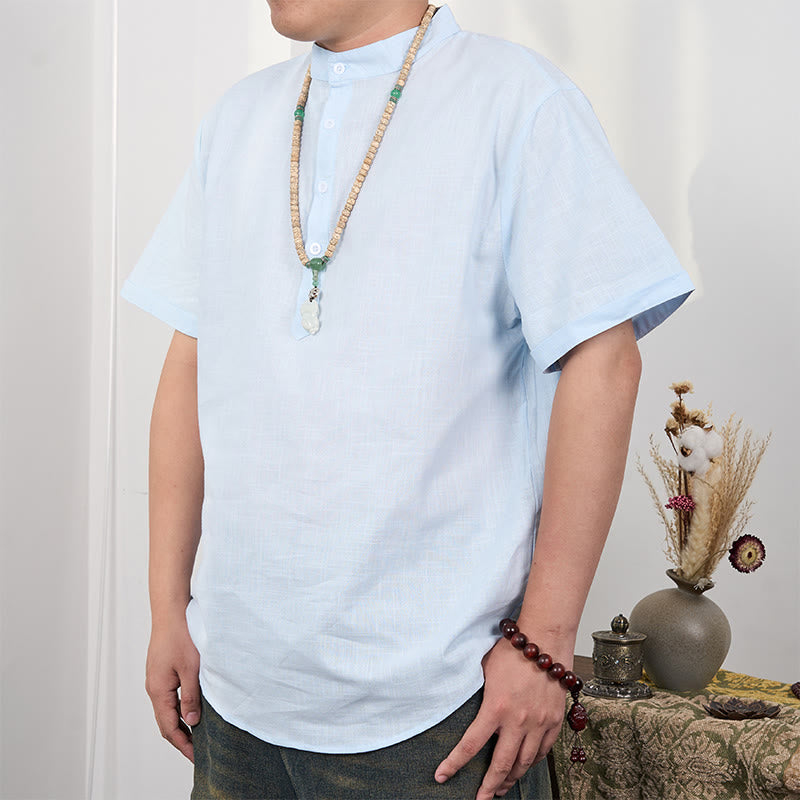 Koszula męska z krótkim rękawem i półguzikiem z bawełny i lnu Buddha Stones w jednolitym kolorze - image 14