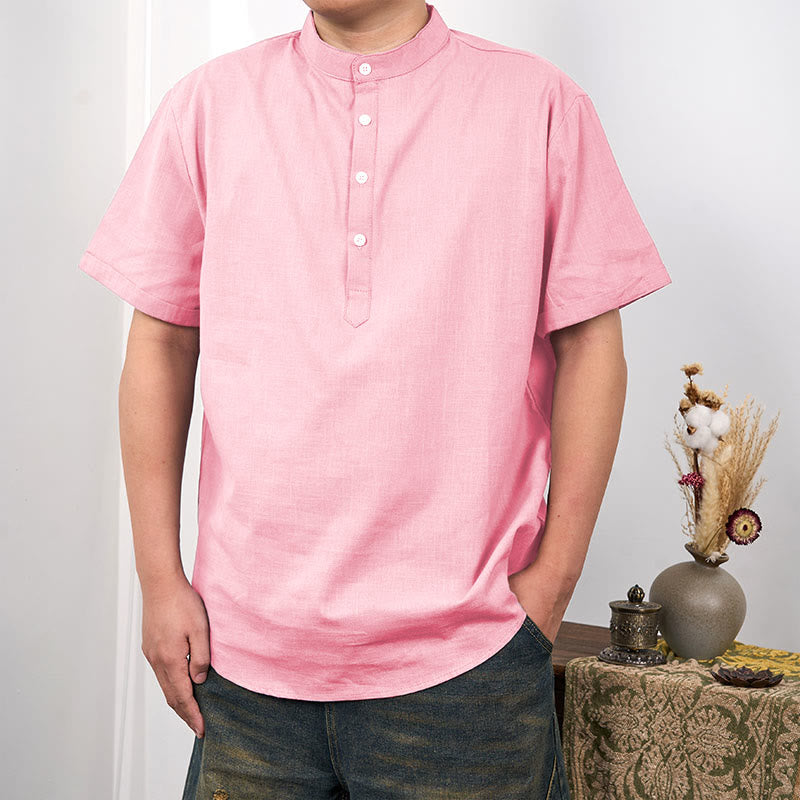 Koszula męska z krótkim rękawem i półguzikiem z bawełny i lnu Buddha Stones w jednolitym kolorze - PeachPuff - US/UK/AU44， EU54 (3XL) - image 11