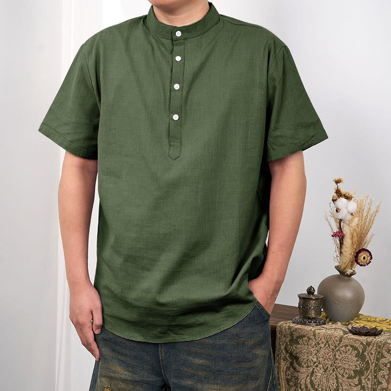 Koszula męska z krótkim rękawem i półguzikiem z bawełny i lnu Buddha Stones w jednolitym kolorze - Oliwkowy - US/UK/AU44， EU54 (3XL) - image 10