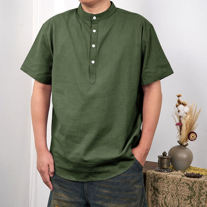 Koszula męska z krótkim rękawem i półguzikiem z bawełny i lnu Buddha Stones w jednolitym kolorze - Oliwkowy - US/UK/AU44， EU54 (3XL) - image 10
