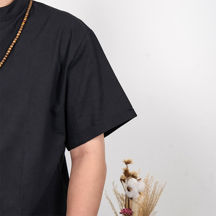 Koszula męska z krótkim rękawem i półguzikiem z bawełny i lnu Buddha Stones w jednolitym kolorze - image 5