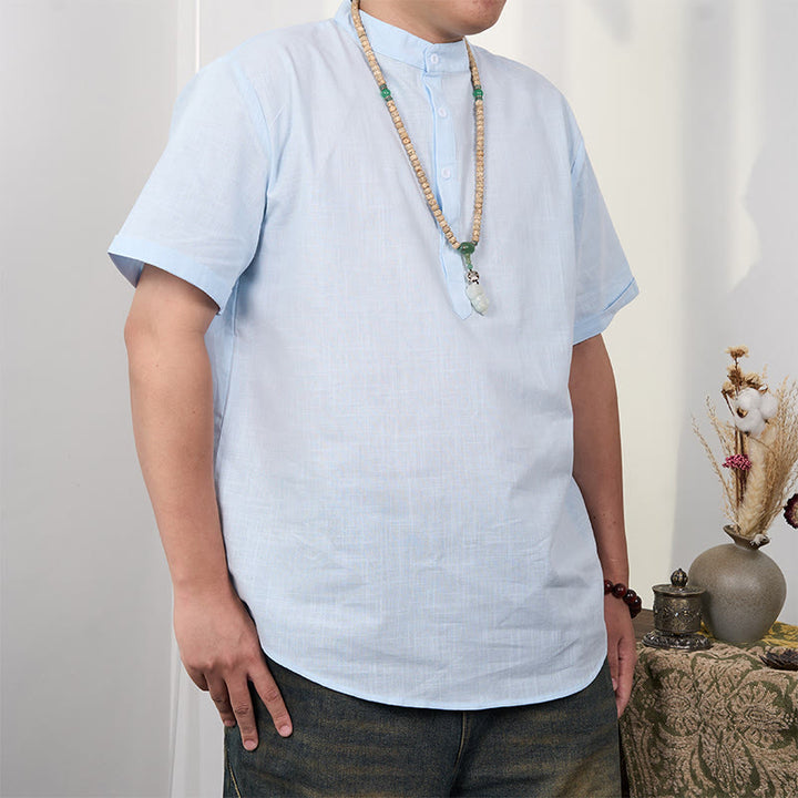 Koszula męska z krótkim rękawem i półguzikiem z bawełny i lnu Buddha Stones w jednolitym kolorze - LightSkyBlue - US/UK/AU44， EU54 (3XL) - image 13