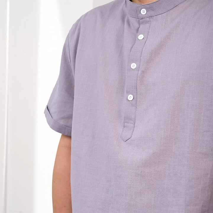 Koszula męska z krótkim rękawem i półguzikiem z bawełny i lnu Buddha Stones w jednolitym kolorze - image 8