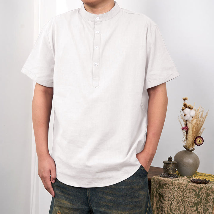 Koszula męska z krótkim rękawem i półguzikiem z bawełny i lnu Buddha Stones w jednolitym kolorze - Biały - US/UK/AU44， EU54 (3XL) - image 2