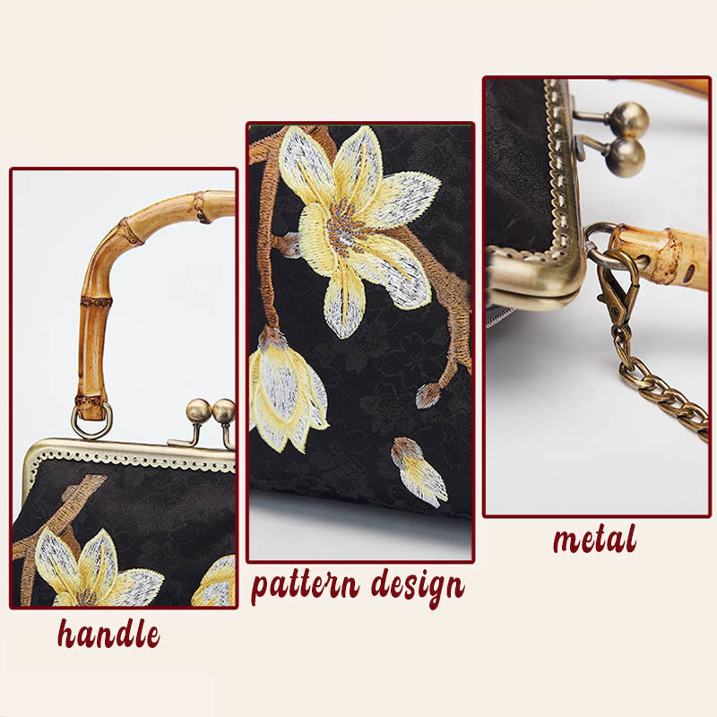 Torebka typu crossbody z haftowanym uchwytem z bambusa i kwiatami śliwki w Buddha Stones