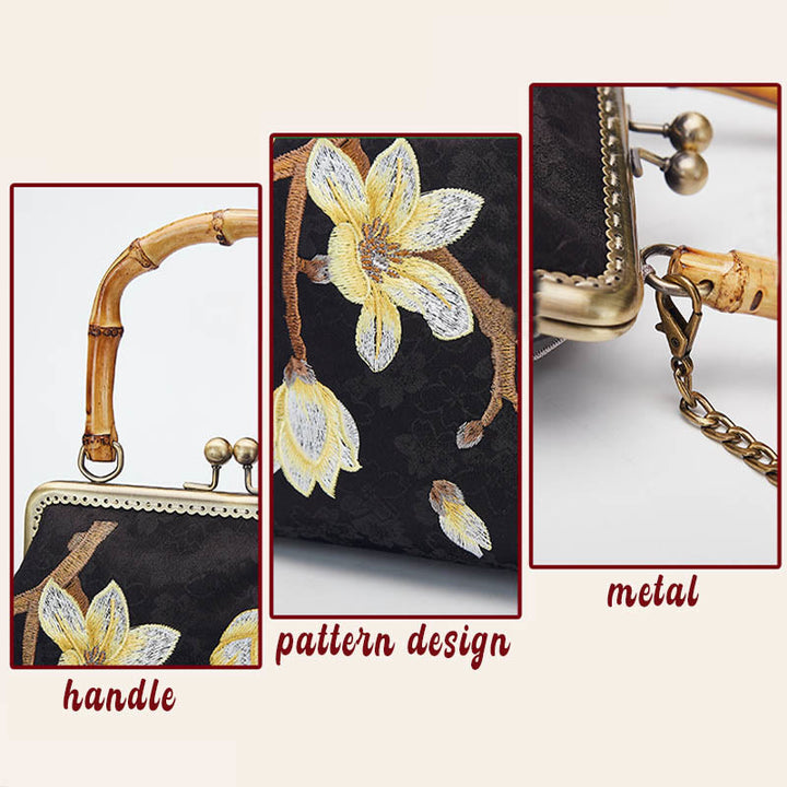 Torebka typu crossbody z haftowanym uchwytem z bambusa i kwiatami śliwki w Buddha Stones