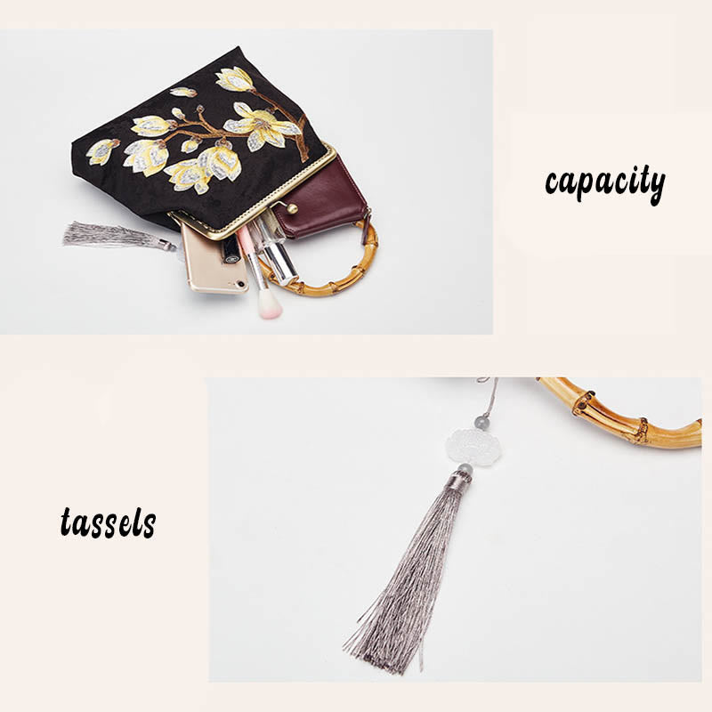 Torebka typu crossbody z haftowanym uchwytem z bambusa i kwiatami śliwki w Buddha Stones