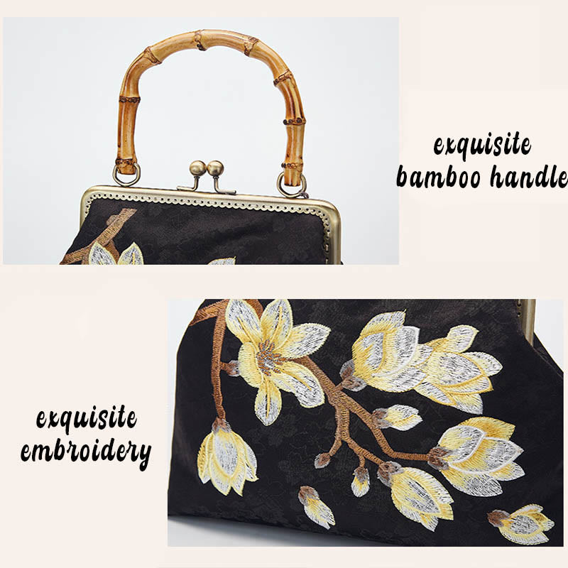 Torebka typu crossbody z haftowanym uchwytem z bambusa i kwiatami śliwki w Buddha Stones