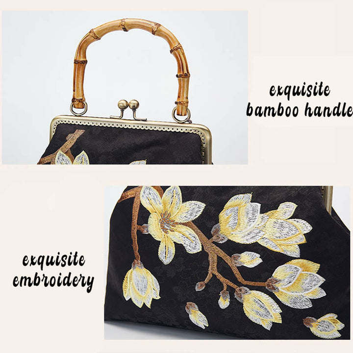 Torebka typu crossbody z haftowanym uchwytem z bambusa i kwiatami śliwki w Buddha Stones