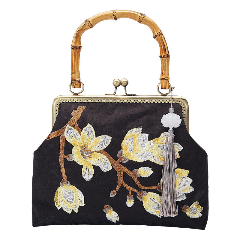Torebka typu crossbody z haftowanym uchwytem z bambusa i kwiatami śliwki w Buddha Stones