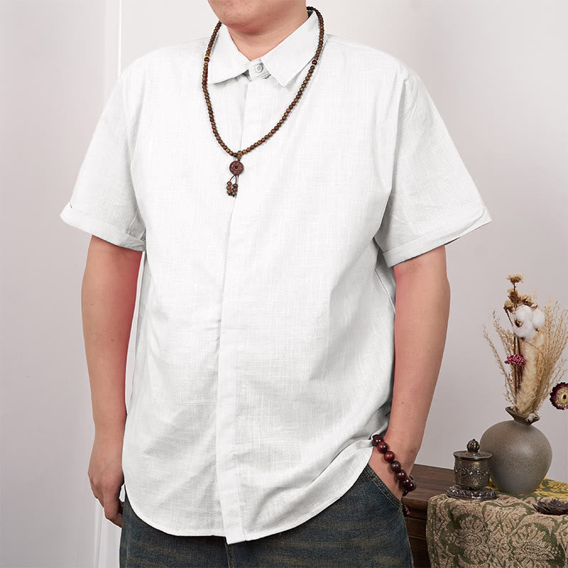 Koszula męska z krótkim rękawem i guzikami z lnu i bawełny Buddha Stones - Biały - US/UK/AU44， EU54 (3XL) - image 1