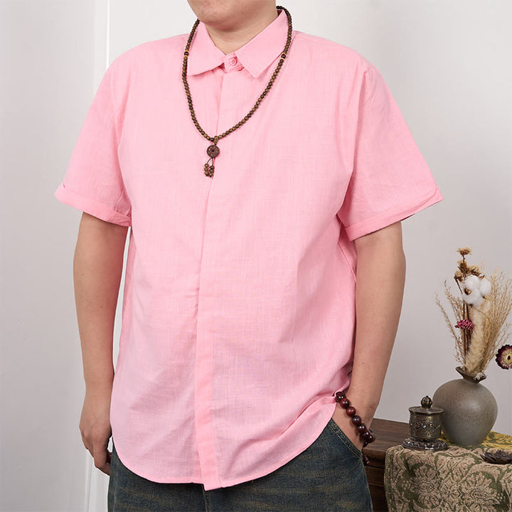 Koszula męska z krótkim rękawem i guzikami z lnu i bawełny Buddha Stones - Różowy - US/UK/AU44， EU54 (3XL) - image 10