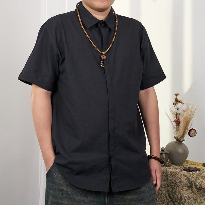 Koszula męska z krótkim rękawem i guzikami z lnu i bawełny Buddha Stones - Czarny - US/UK/AU44， EU54 (3XL) - image 2
