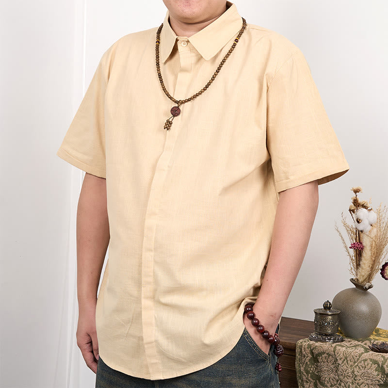 Koszula męska z krótkim rękawem i guzikami z lnu i bawełny Buddha Stones - Pszenica - US/UK/AU44， EU54 (3XL) - image 4