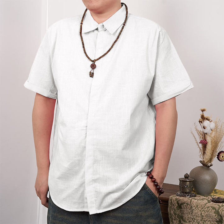 Koszula męska z krótkim rękawem i guzikami z lnu i bawełny Buddha Stones - Biały - US/UK/AU44， EU54 (3XL) - image 1