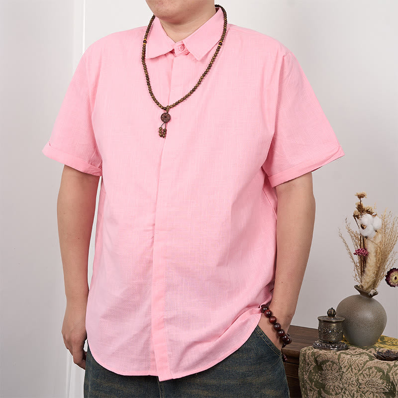 Koszula męska z krótkim rękawem i guzikami z lnu i bawełny Buddha Stones - Różowy - US/UK/AU44， EU54 (3XL) - image 10