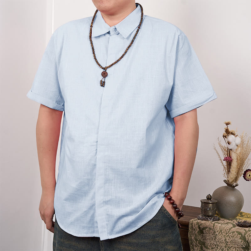 Koszula męska z krótkim rękawem i guzikami z lnu i bawełny Buddha Stones - LightSkyBlue - US/UK/AU44， EU54 (3XL) - image 15