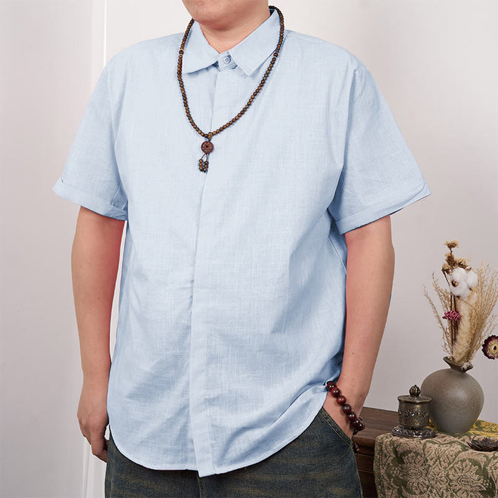 Koszula męska z krótkim rękawem i guzikami z lnu i bawełny Buddha Stones - LightSkyBlue - US/UK/AU44， EU54 (3XL) - image 15