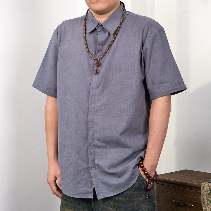 Koszula męska z krótkim rękawem i guzikami z lnu i bawełny Buddha Stones - Ciemnoszary - US/UK/AU44， EU54 (3XL) - image 0