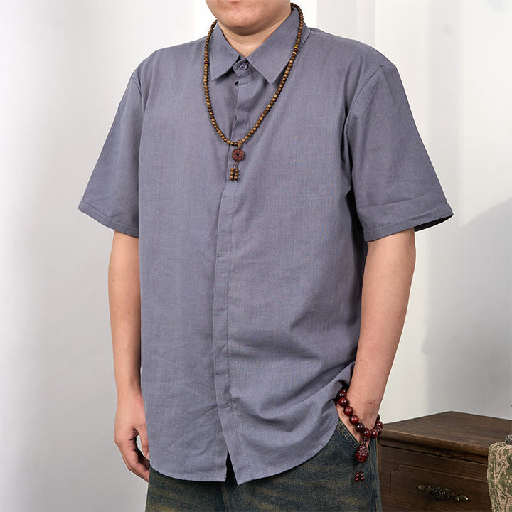 Koszula męska z krótkim rękawem i guzikami z lnu i bawełny Buddha Stones - Ciemnoszary - US/UK/AU44， EU54 (3XL) - image 0