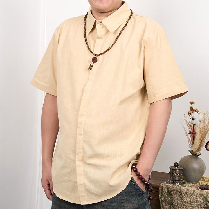 Koszula męska z krótkim rękawem i guzikami z lnu i bawełny Buddha Stones - Pszenica - US/UK/AU44， EU54 (3XL) - image 4
