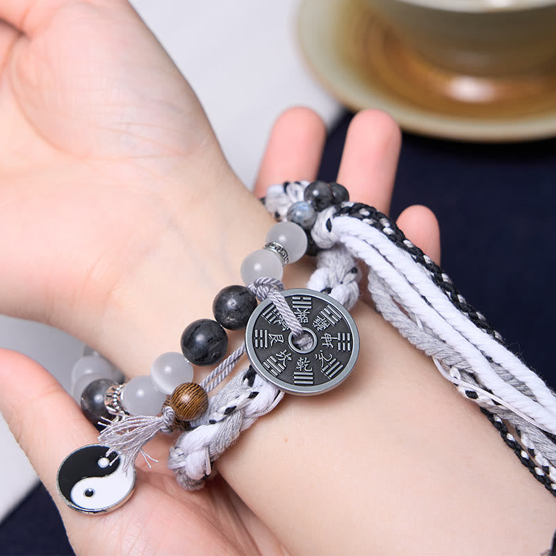 Buddha Stones Czarny Brokat Kamień Kocie Oko Yin Yang Duchy Górskie Wydaj Pieniądze Moc Bransoletka z Podwójnej Warstwy Linowej