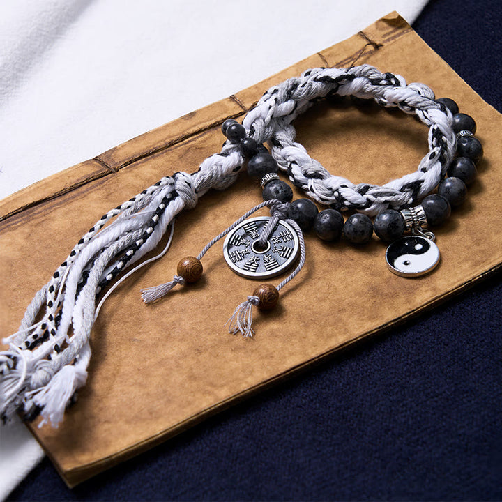 Buddha Stones Czarny Brokat Kamień Kocie Oko Yin Yang Duchy Górskie Wydaj Pieniądze Moc Bransoletka z Podwójnej Warstwy Linowej