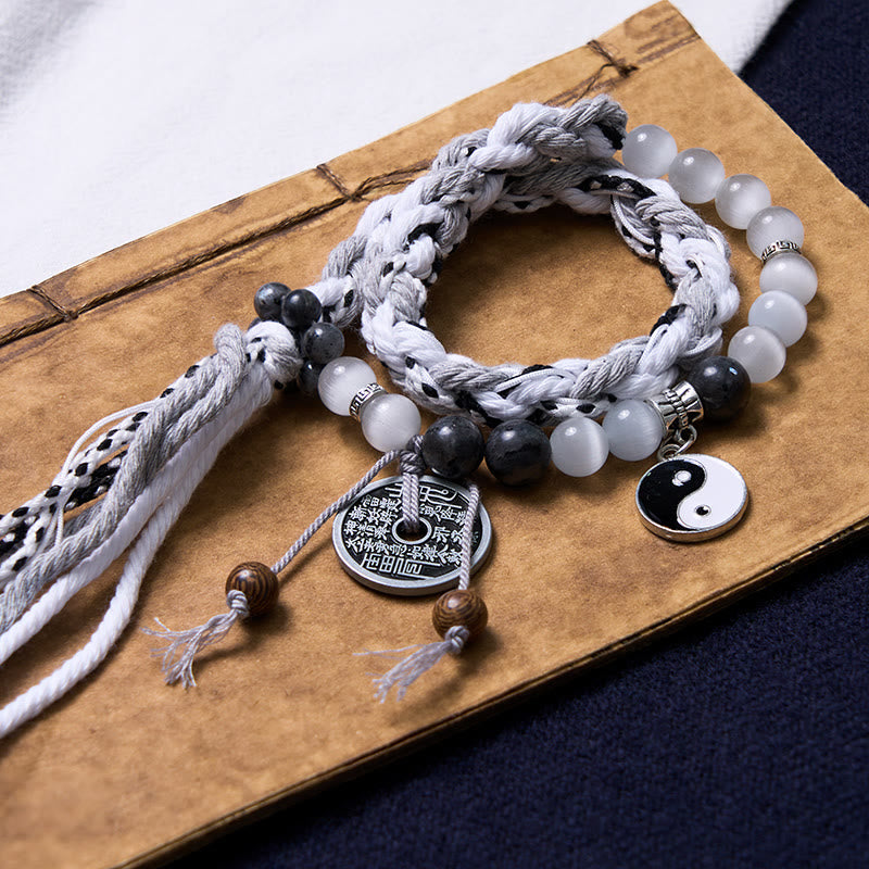 Buddha Stones Czarny Brokat Kamień Kocie Oko Yin Yang Duchy Górskie Wydaj Pieniądze Moc Bransoletka z Podwójnej Warstwy Linowej