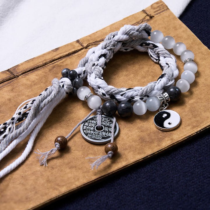 Buddha Stones Czarny Brokat Kamień Kocie Oko Yin Yang Duchy Górskie Wydaj Pieniądze Moc Bransoletka z Podwójnej Warstwy Linowej