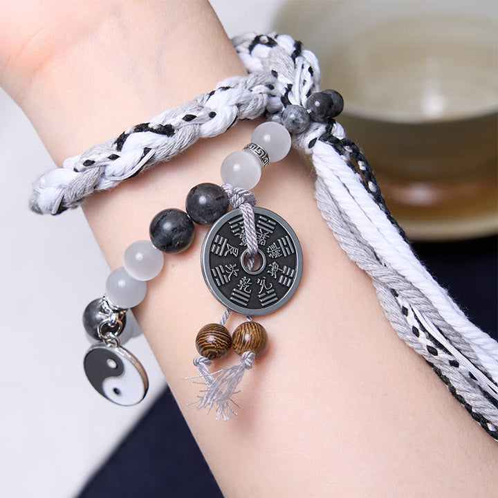 Buddha Stones Czarny Brokat Kamień Kocie Oko Yin Yang Duchy Górskie Wydaj Pieniądze Moc Bransoletka z Podwójnej Warstwy Linowej