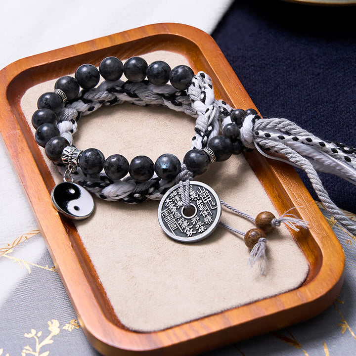 Buddha Stones Czarny Brokat Kamień Kocie Oko Yin Yang Duchy Górskie Wydaj Pieniądze Moc Bransoletka z Podwójnej Warstwy Linowej