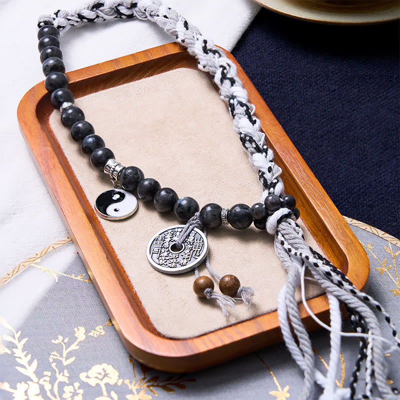 Buddha Stones Czarny Brokat Kamień Kocie Oko Yin Yang Duchy Górskie Wydaj Pieniądze Moc Bransoletka z Podwójnej Warstwy Linowej