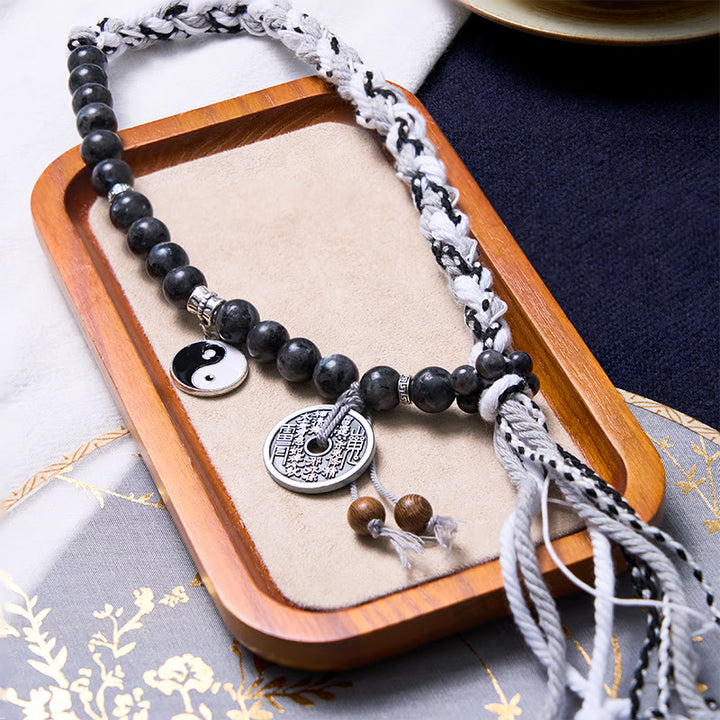 Buddha Stones Czarny Brokat Kamień Kocie Oko Yin Yang Duchy Górskie Wydaj Pieniądze Moc Bransoletka z Podwójnej Warstwy Linowej