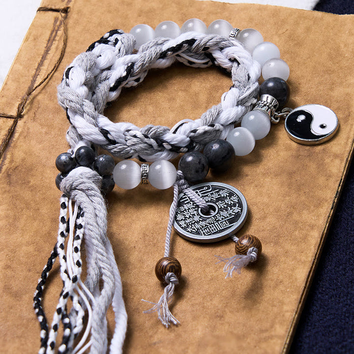 Buddha Stones Czarny Brokat Kamień Kocie Oko Yin Yang Duchy Górskie Wydaj Pieniądze Moc Bransoletka z Podwójnej Warstwy Linowej
