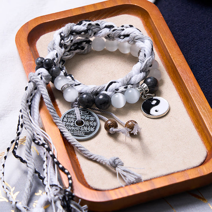 Buddha Stones Czarny Brokat Kamień Kocie Oko Yin Yang Duchy Górskie Wydaj Pieniądze Moc Bransoletka z Podwójnej Warstwy Linowej